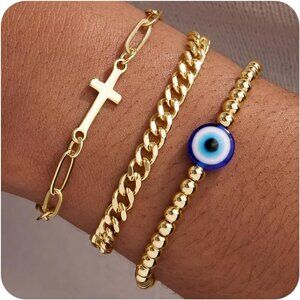 Gold-Style 15 Dainty Stack Cuban Cross, Rope Bracelets Jewelry Gifts for Women